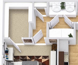 Amberley. 1 bedroom apartment. Kitchen with bartop open to living/dinning rooms. 1 full bathroom, double vanity. Walk-in closet. Patio/balcony.